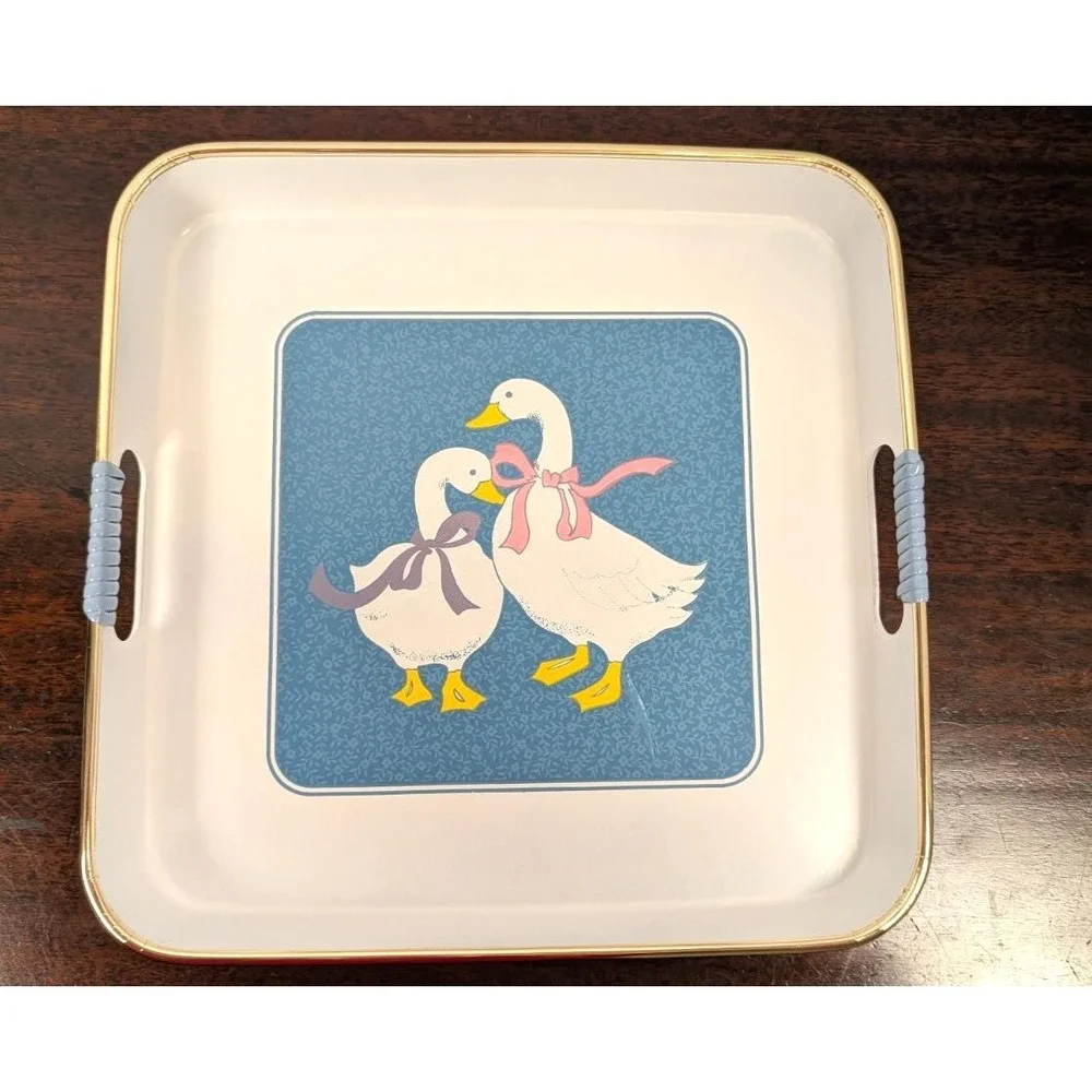 Vintage Made in Japan Serving Trays Ducks Geese Blue Gold Trim Set of 3
